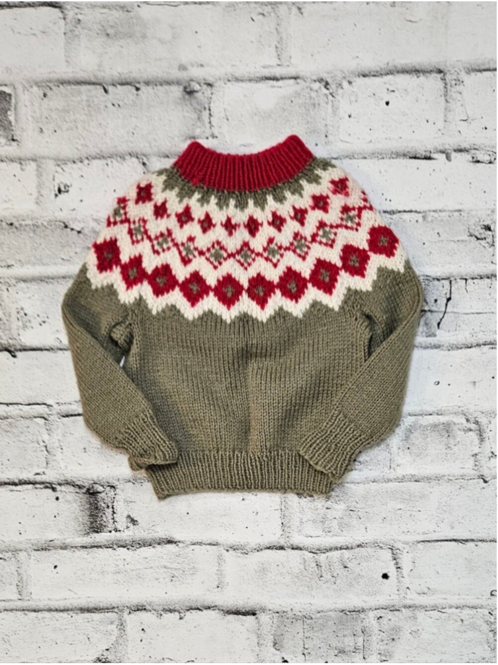 Handmade Kids Fair Isle Nordic Knit Sweater Green Red Cream Pullover